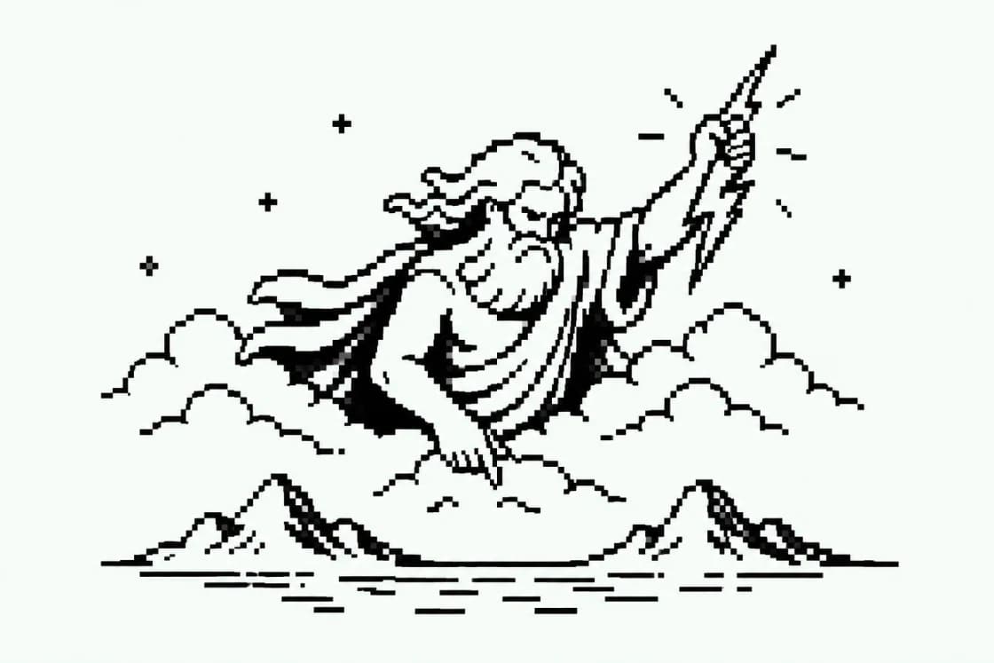 A figure holding a lightning bolt above the clouds
